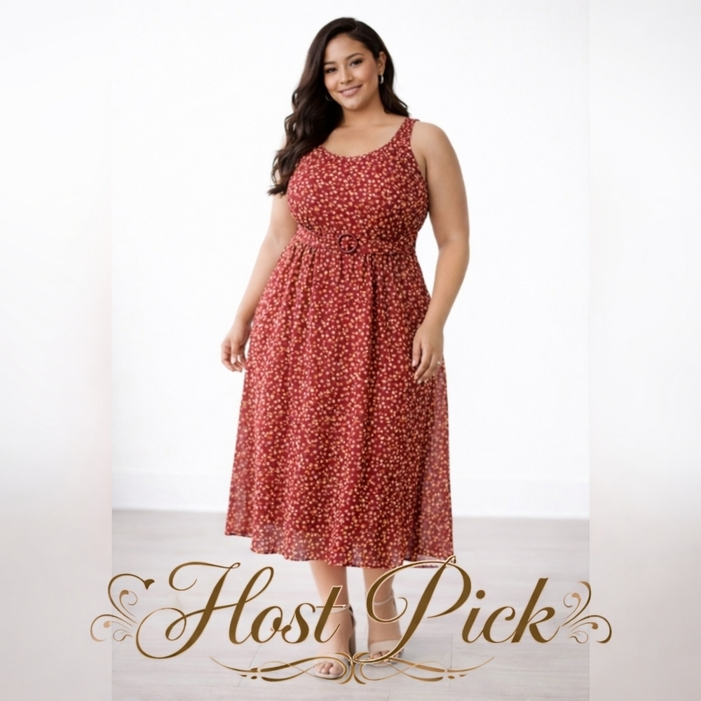 Jonathan Martin Deep Red Polka Dot Midi Dress 20W Buckle Waist Tie Back